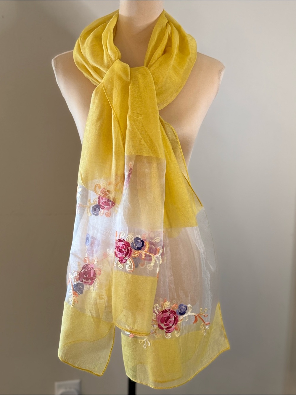 Yellow semi sheer scarf colorful floral embroidery 29”x76” FLAW